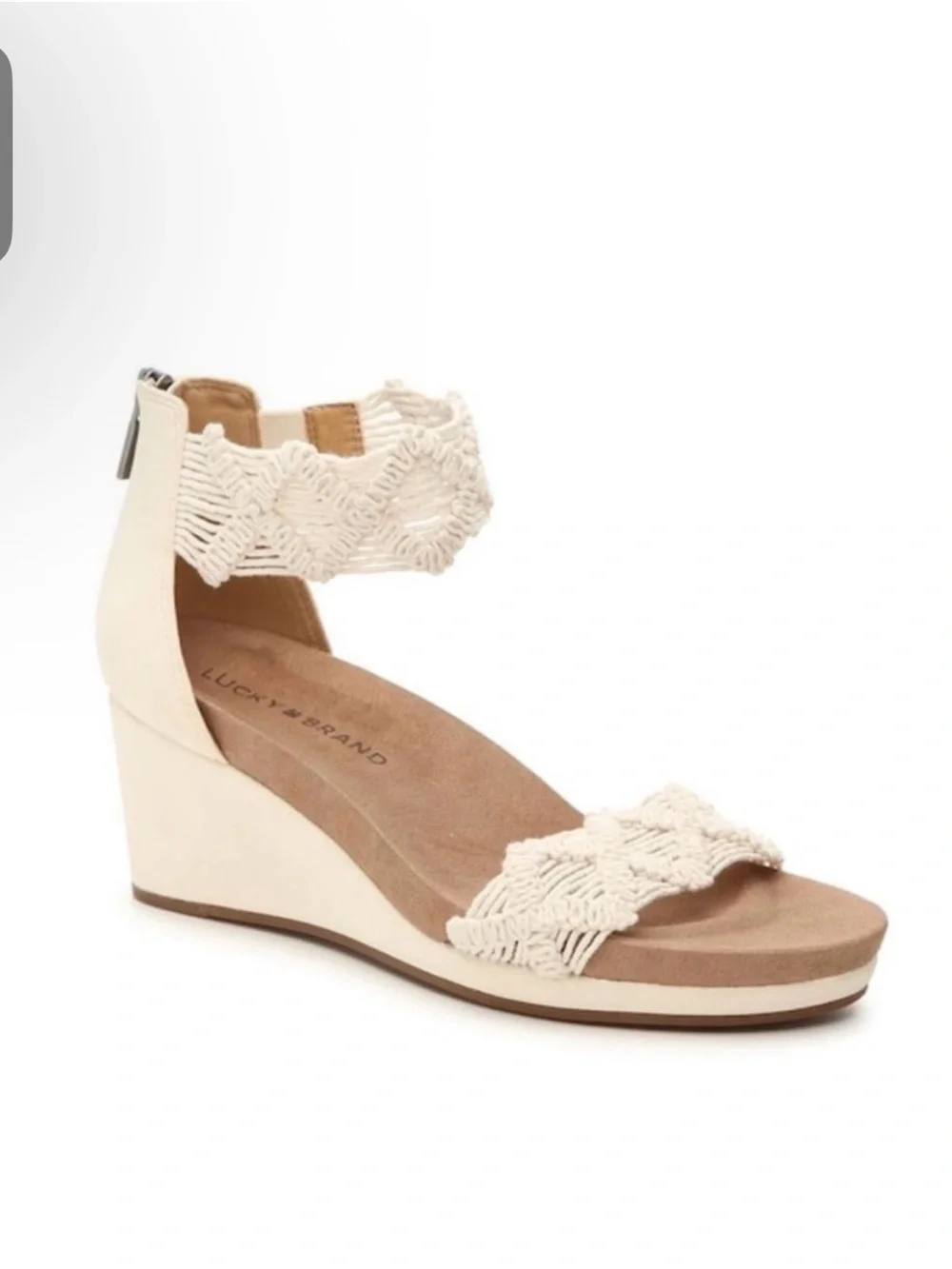 Lucky Brand Cream Macramé Ankle Wedge Sandals